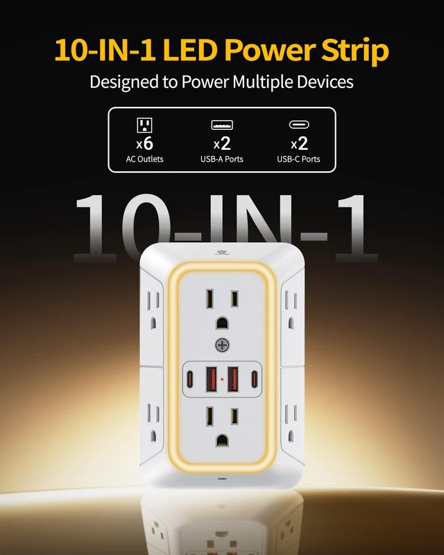 Alt view image 3 of 7 - White Outlet Extender with Night Light, 6AC&2A2C, 1050J Surge Protector,ETL | 6 Wide Multi Plug Wall Outlet, 4 USB Ports Wall Charger, 3 Side Outlet Splitter Expander, Power Strip for Home/Dorm/Travel