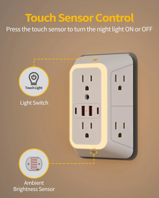 Alt view image 4 of 7 - White Outlet Extender with Night Light, 6AC&2A2C, 1050J Surge Protector,ETL | 6 Wide Multi Plug Wall Outlet, 4 USB Ports Wall Charger, 3 Side Outlet Splitter Expander, Power Strip for Home/Dorm/Travel