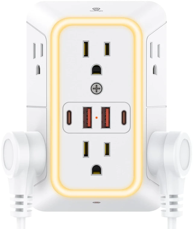 Alt view image 7 of 7 - White Outlet Extender with Night Light, 6AC&2A2C, 1050J Surge Protector,ETL | 6 Wide Multi Plug Wall Outlet, 4 USB Ports Wall Charger, 3 Side Outlet Splitter Expander, Power Strip for Home/Dorm/Travel
