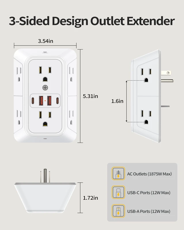 Alt view image 6 of 7 - White Outlet Extender with Night Light, 6AC&2A2C, 1050J Surge Protector,ETL | 6 Wide Multi Plug Wall Outlet, 4 USB Ports Wall Charger, 3 Side Outlet Splitter Expander, Power Strip for Home/Dorm/Travel
