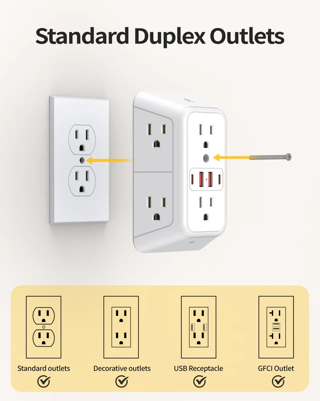 Alt view image 5 of 7 - White Outlet Extender with Night Light, 6AC&2A2C, 1050J Surge Protector,ETL | 6 Wide Multi Plug Wall Outlet, 4 USB Ports Wall Charger, 3 Side Outlet Splitter Expander, Power Strip for Home/Dorm/Travel