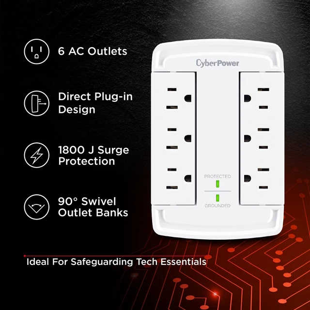 Alt view image 3 of 7 - CyberPower CSB6WS Essential Surge Protector | 6 Swivel Outlets, 1800J, WallTap Design, EMI/RFI Filtering, Home/Office Protection