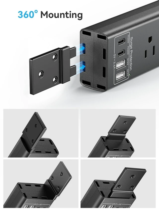 Alt view image 3 of 7 - Under Desk/Wall/Corner Mount Surge Protector Power Strip, 360° Mountable, 6AC+4USB (2 USB-C PD20W), 6FT Flat Plug Extension Cord, for Home/Office/Gaming/Kitchen