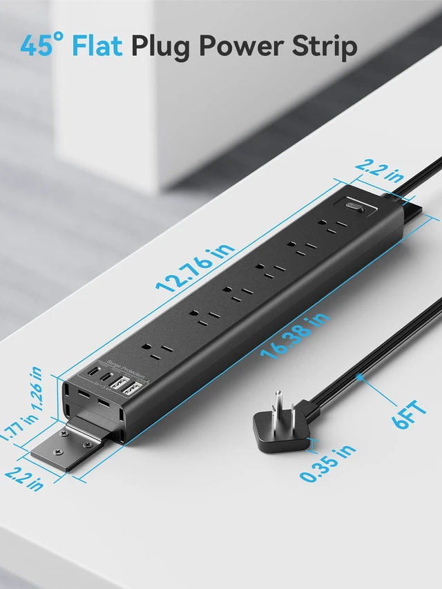 Alt view image 5 of 7 - Under Desk/Wall/Corner Mount Surge Protector Power Strip, 360° Mountable, 6AC+4USB (2 USB-C PD20W), 6FT Flat Plug Extension Cord, for Home/Office/Gaming/Kitchen