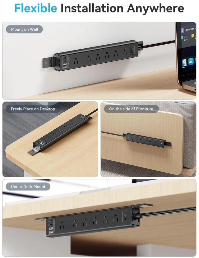 Alt view image 4 of 7 - Under Desk/Wall/Corner Mount Surge Protector Power Strip, 360° Mountable, 6AC+4USB (2 USB-C PD20W), 6FT Flat Plug Extension Cord, for Home/Office/Gaming/Kitchen