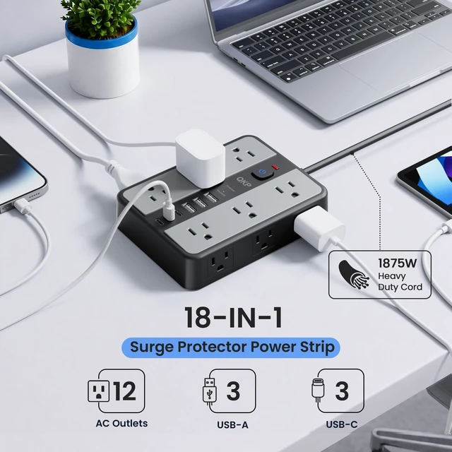 Alt view image 2 of 7 - 2400J Surge Protector Power Strip with 12 Outlets, 6 USB (3 USB C), 6 FT | 0.5" Thin 45° Flat Plug, 1.7" Wide-Spaced Outlets, 2400J Surge Protection & 1875W/15A Overload Protection for Home & Gaming