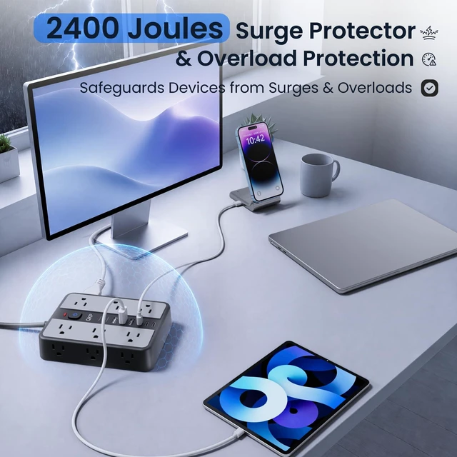 Alt view image 3 of 7 - 2400J Surge Protector Power Strip with 12 Outlets, 6 USB (3 USB C), 6 FT | 0.5" Thin 45° Flat Plug, 1.7" Wide-Spaced Outlets, 2400J Surge Protection & 1875W/15A Overload Protection for Home & Gaming