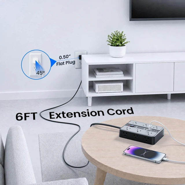 Alt view image 5 of 7 - 2400J Surge Protector Power Strip with 12 Outlets, 6 USB (3 USB C), 6 FT | 0.5" Thin 45° Flat Plug, 1.7" Wide-Spaced Outlets, 2400J Surge Protection & 1875W/15A Overload Protection for Home & Gaming