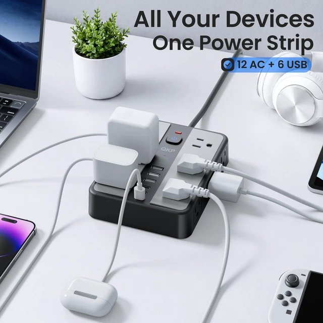 Alt view image 7 of 7 - 2400J Surge Protector Power Strip with 12 Outlets, 6 USB (3 USB C), 6 FT | 0.5" Thin 45° Flat Plug, 1.7" Wide-Spaced Outlets, 2400J Surge Protection & 1875W/15A Overload Protection for Home & Gaming