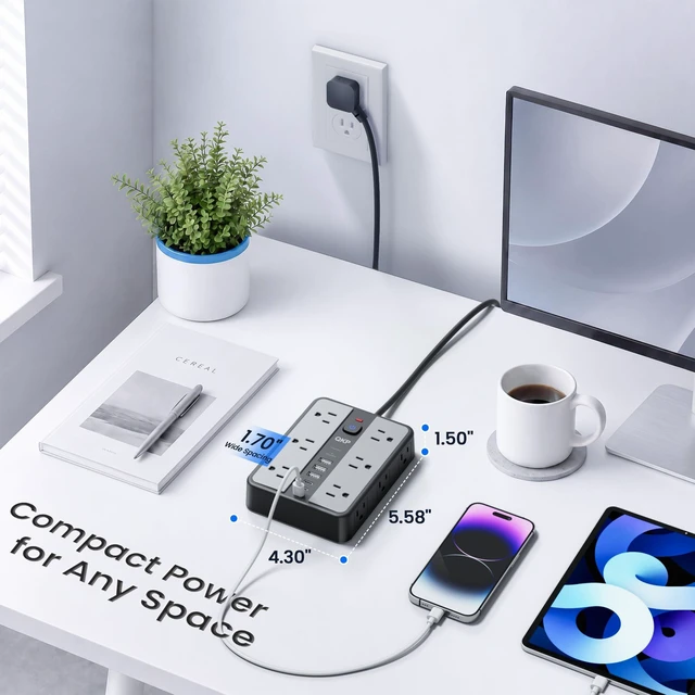 Alt view image 6 of 7 - 2400J Surge Protector Power Strip with 12 Outlets, 6 USB (3 USB C), 6 FT | 0.5" Thin 45° Flat Plug, 1.7" Wide-Spaced Outlets, 2400J Surge Protection & 1875W/15A Overload Protection for Home & Gaming