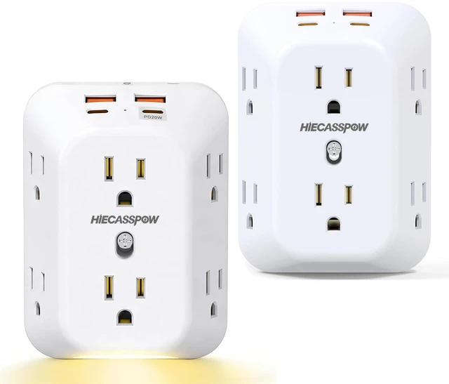 Main image of 2 Pack Outlet Extender Surge Protector, 6 Outlet Splitter with 4 USB Ports (1pcs Light with one PD20W + 1pcs no Light), 4 Sided 1050 J Multi Plug Wall Adapter Power Strip