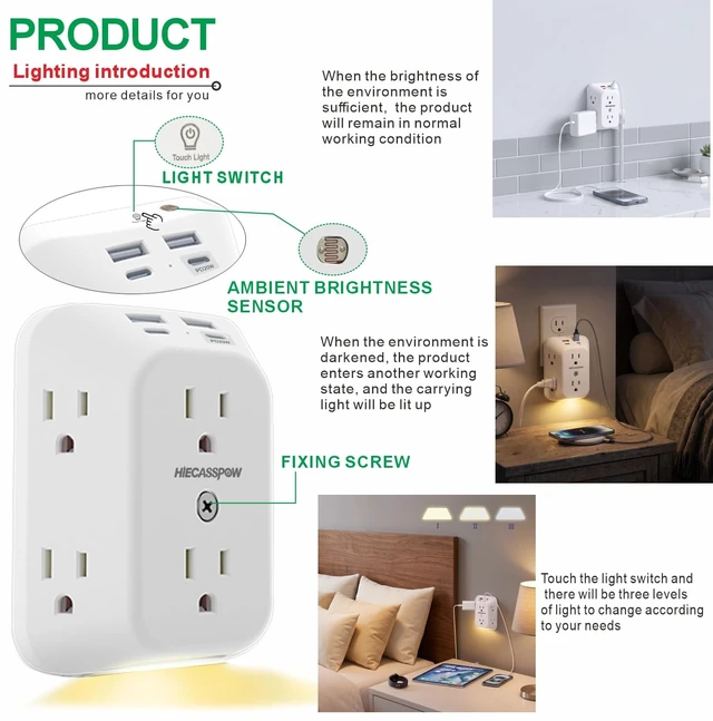 Alt view image 2 of 7 - 2 Pack Outlet Extender Surge Protector, 6 Outlet Splitter with 4 USB Ports (1pcs Light with one PD20W + 1pcs no Light), 4 Sided 1050 J Multi Plug Wall Adapter Power Strip