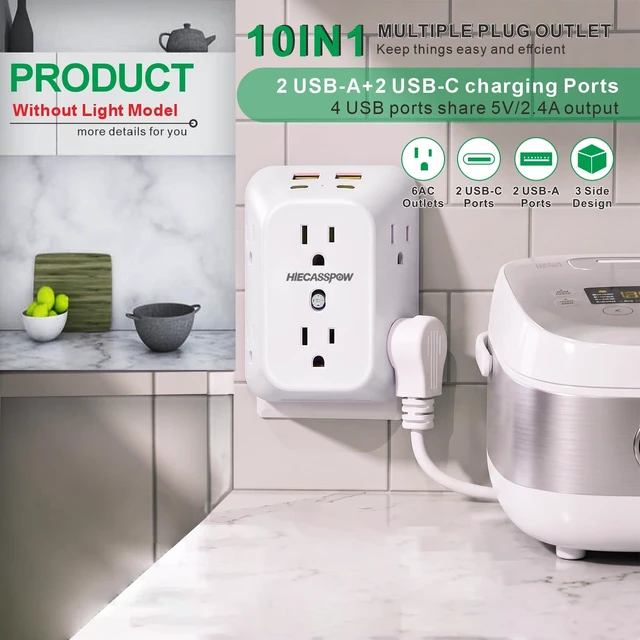 Alt view image 3 of 7 - 2 Pack Outlet Extender Surge Protector, 6 Outlet Splitter with 4 USB Ports (1pcs Light with one PD20W + 1pcs no Light), 4 Sided 1050 J Multi Plug Wall Adapter Power Strip