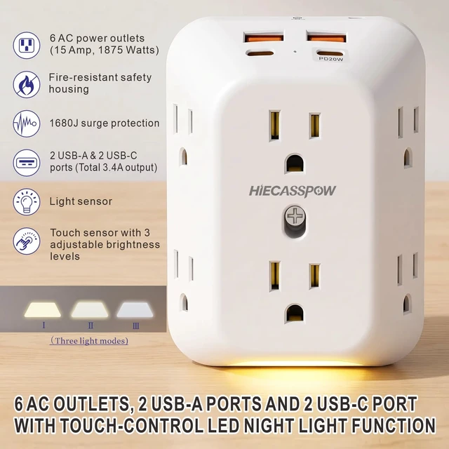Alt view image 4 of 7 - 2 Pack Outlet Extender Surge Protector, 6 Outlet Splitter with 4 USB Ports (1pcs Light with one PD20W + 1pcs no Light), 4 Sided 1050 J Multi Plug Wall Adapter Power Strip