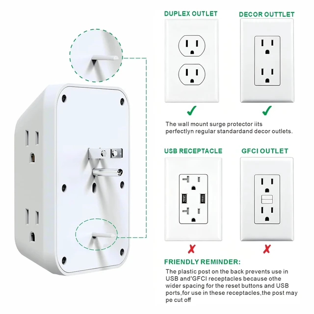Alt view image 5 of 7 - 2 Pack Outlet Extender Surge Protector, 6 Outlet Splitter with 4 USB Ports (1pcs Light with one PD20W + 1pcs no Light), 4 Sided 1050 J Multi Plug Wall Adapter Power Strip