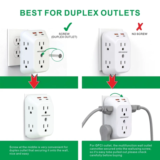 Alt view image 6 of 7 - 2 Pack Outlet Extender Surge Protector, 6 Outlet Splitter with 4 USB Ports (1pcs Light with one PD20W + 1pcs no Light), 4 Sided 1050 J Multi Plug Wall Adapter Power Strip
