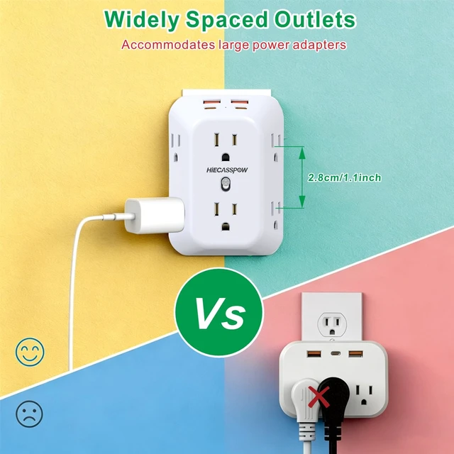 Alt view image 7 of 7 - 2 Pack Outlet Extender Surge Protector, 6 Outlet Splitter with 4 USB Ports (1pcs Light with one PD20W + 1pcs no Light), 4 Sided 1050 J Multi Plug Wall Adapter Power Strip