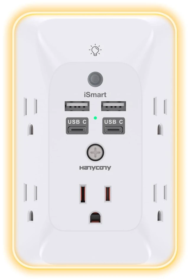 Main image of Multi Plug Outlet, Outlet Extender with 4 USB Ports(2 USB C) Night Light | HANYCONY 1050J Surge Protector, Wall Mount, Outlet Splitter for Bathroom Kitchen Camper Dorm Room Essentials