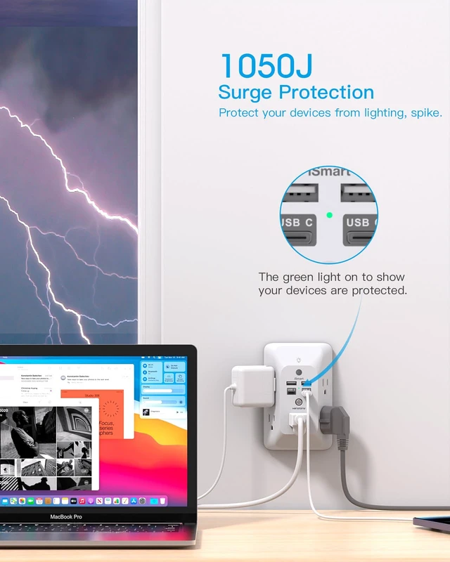 Alt view image 2 of 7 - Multi Plug Outlet, Outlet Extender with 4 USB Ports(2 USB C) Night Light | HANYCONY 1050J Surge Protector, Wall Mount, Outlet Splitter for Bathroom Kitchen Camper Dorm Room Essentials