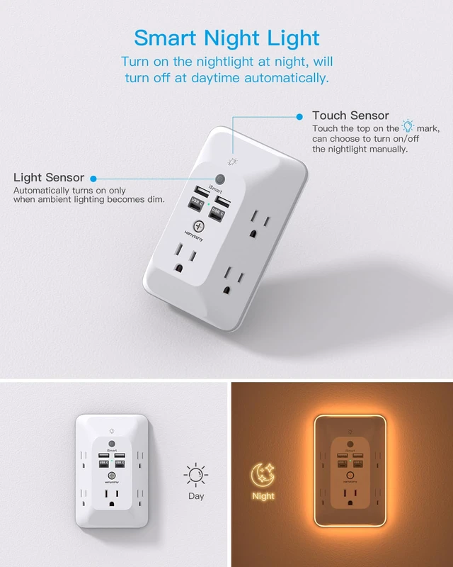 Alt view image 3 of 7 - Multi Plug Outlet, Outlet Extender with 4 USB Ports(2 USB C) Night Light | HANYCONY 1050J Surge Protector, Wall Mount, Outlet Splitter for Bathroom Kitchen Camper Dorm Room Essentials