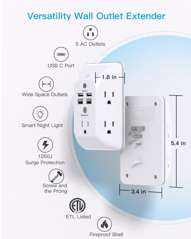 Alt view image 7 of 7 - Multi Plug Outlet, Outlet Extender with 4 USB Ports(2 USB C) Night Light | HANYCONY 1050J Surge Protector, Wall Mount, Outlet Splitter for Bathroom Kitchen Camper Dorm Room Essentials