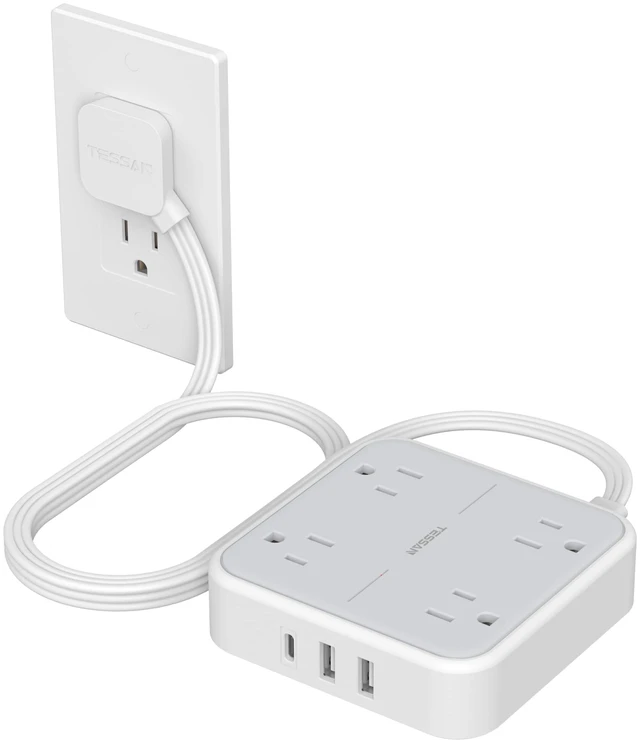 Main image of TESSAN Surge Protector Flat Extension Cord 5Ft, Flat Plug Power Strip | 4 Outlets 3 USB Ports (1 USB C), 900 Joules Protection, Multiple Wall Outlet Extender Suitable for Home Office Dorm, Grey