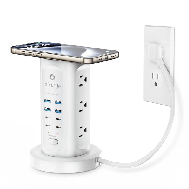 Main image of Olcorife Power Strip Tower Surge Protector with 9 AC Outlets 8 USB (4 USB C), 6Ft Retractable Extension Cord, Charging Station for Home Office Dorm Room, White