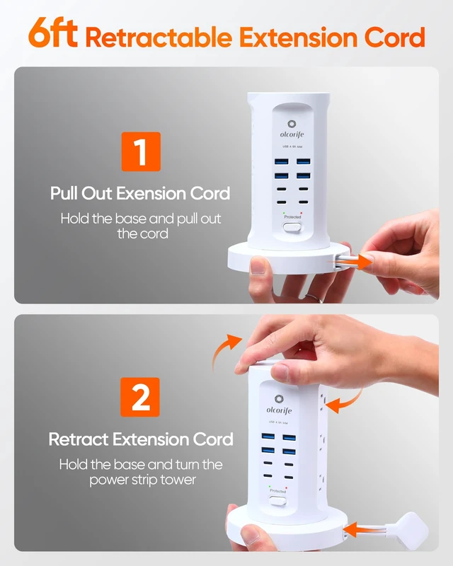 Alt view image 2 of 7 - Olcorife Power Strip Tower Surge Protector with 9 AC Outlets 8 USB (4 USB C), 6Ft Retractable Extension Cord, Charging Station for Home Office Dorm Room, White