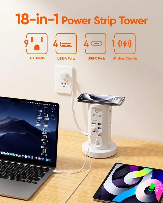 Alt view image 3 of 7 - Olcorife Power Strip Tower Surge Protector with 9 AC Outlets 8 USB (4 USB C), 6Ft Retractable Extension Cord, Charging Station for Home Office Dorm Room, White