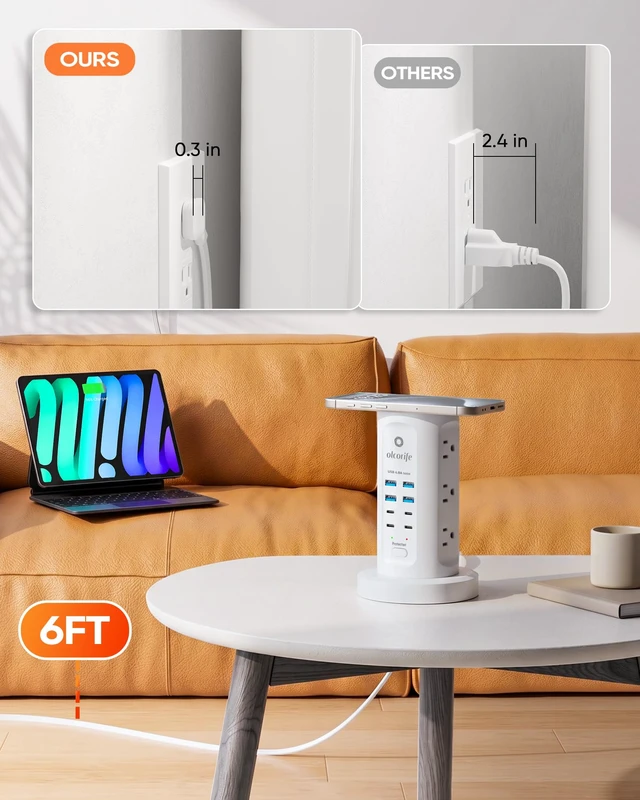 Alt view image 4 of 7 - Olcorife Power Strip Tower Surge Protector with 9 AC Outlets 8 USB (4 USB C), 6Ft Retractable Extension Cord, Charging Station for Home Office Dorm Room, White