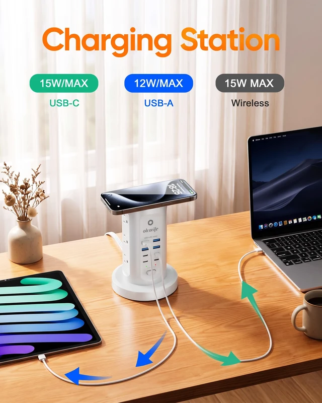 Alt view image 5 of 7 - Olcorife Power Strip Tower Surge Protector with 9 AC Outlets 8 USB (4 USB C), 6Ft Retractable Extension Cord, Charging Station for Home Office Dorm Room, White