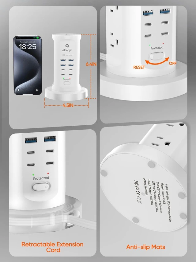 Alt view image 7 of 7 - Olcorife Power Strip Tower Surge Protector with 9 AC Outlets 8 USB (4 USB C), 6Ft Retractable Extension Cord, Charging Station for Home Office Dorm Room, White