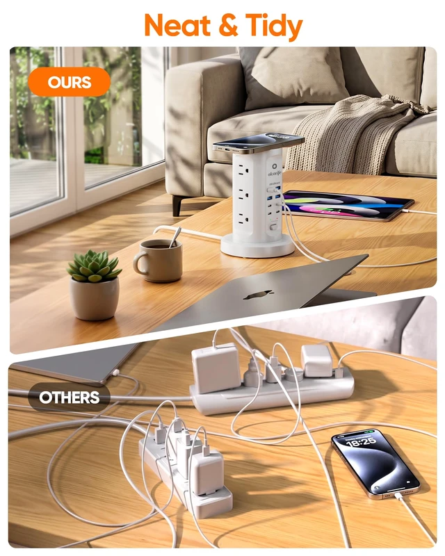Alt view image 6 of 7 - Olcorife Power Strip Tower Surge Protector with 9 AC Outlets 8 USB (4 USB C), 6Ft Retractable Extension Cord, Charging Station for Home Office Dorm Room, White
