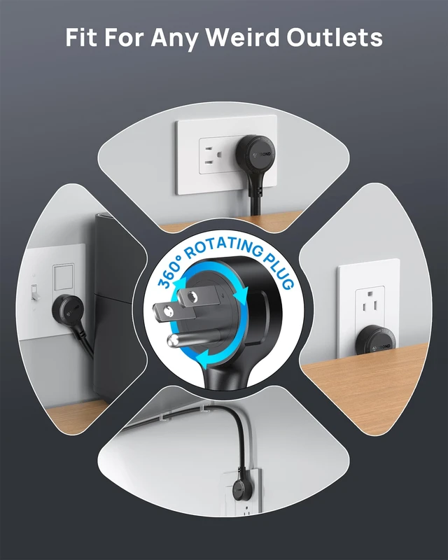 Alt view image 3 of 7 - TROND 360° Rotating Surge Protector Power Strip 5ft, ETL Listed,4000J,Black | 13AC Widely Spaced Outlets Expansion with 3 USB C Ports, Flat Plug, Extension Cord Heavy Duty, Wall Mount, Under Desk