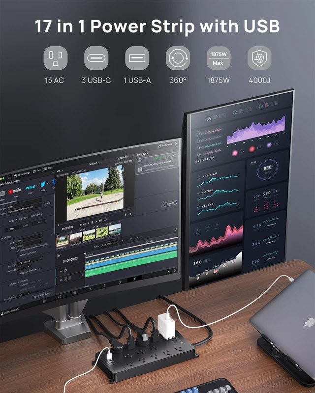 Alt view image 4 of 7 - TROND 360° Rotating Surge Protector Power Strip 5ft, ETL Listed,4000J,Black | 13AC Widely Spaced Outlets Expansion with 3 USB C Ports, Flat Plug, Extension Cord Heavy Duty, Wall Mount, Under Desk