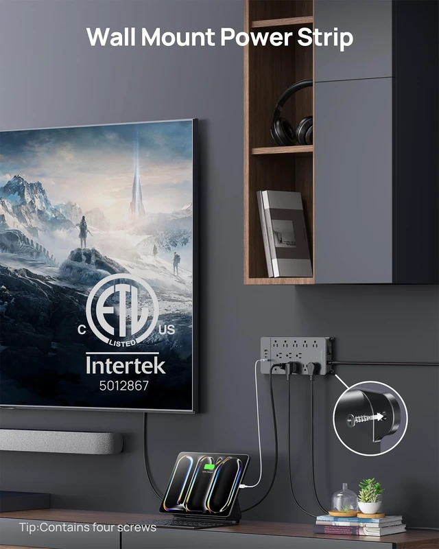 Alt view image 6 of 7 - TROND 360° Rotating Surge Protector Power Strip 5ft, ETL Listed,4000J,Black | 13AC Widely Spaced Outlets Expansion with 3 USB C Ports, Flat Plug, Extension Cord Heavy Duty, Wall Mount, Under Desk
