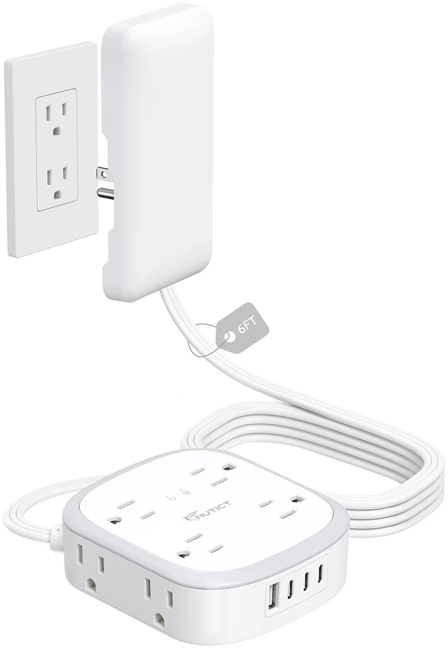 Main image of Outlet Cover Extension Cord 6FT, Flat Plug Surge Protector Power Strip | 8 AC and 4 USB Ports (3 USB C), Wall Mount, 3 Prong Flat Wall Plug with Power Switch, Home Office Dorm Essentials, White