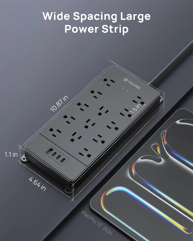Alt view image 7 of 7 - TROND 360° Rotating Surge Protector Power Strip 5ft, ETL Listed,4000J,Black | 13AC Widely Spaced Outlets Expansion with 3 USB C Ports, Flat Plug, Extension Cord Heavy Duty, Wall Mount, Under Desk