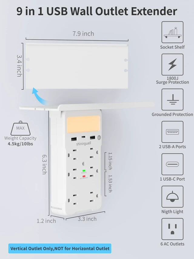 Alt view image 2 of 7 - 6 AC Wall Outlet Extender, with Shelf & Night Light, White | shiningwell, 3 USB Ports (2A+1C), Outlets,Surge Protector, Multi Plug Expander Charger Shelf with Storage for Home, Dorm