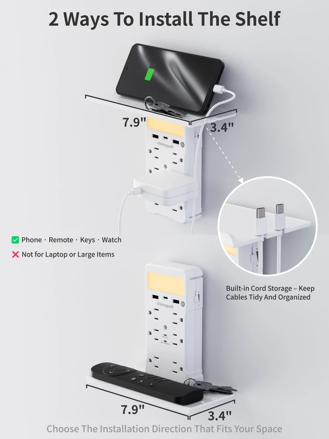 Alt view image 3 of 7 - 6 AC Wall Outlet Extender, with Shelf & Night Light, White | shiningwell, 3 USB Ports (2A+1C), Outlets,Surge Protector, Multi Plug Expander Charger Shelf with Storage for Home, Dorm