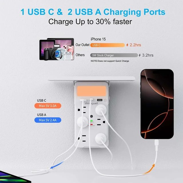 Alt view image 7 of 7 - 6 AC Wall Outlet Extender, with Shelf & Night Light, White | shiningwell, 3 USB Ports (2A+1C), Outlets,Surge Protector, Multi Plug Expander Charger Shelf with Storage for Home, Dorm