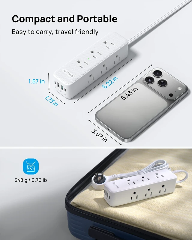 Alt view image 6 of 7 - TROND 360° Rotating Flat Plug Power Strip 5ft with USB PD 20W, 9 AC, White | Flat Extension Cord Surge Protector 1300J, 1625W, Wall Mountable, for Home Office Travel Dorm Room Essentials