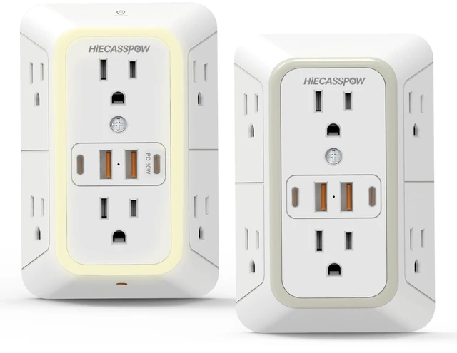 Main image of 2-Pack Power Strip Extension Protector with 6 outlets and 4 USB Ports (2 USB-A, 2 USB-C with one PD 30W Fast Charge), Three-Sided Power Strip, Spaced outlets Design,1pcs Light with 1pcs no Light