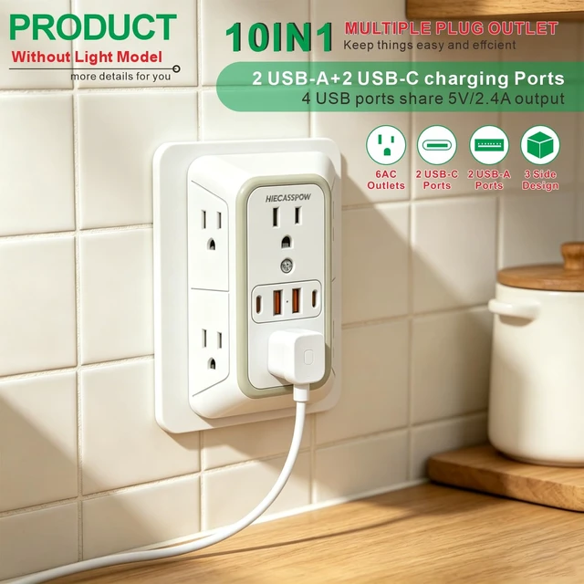 Alt view image 3 of 7 - 2-Pack Power Strip Extension Protector with 6 outlets and 4 USB Ports (2 USB-A, 2 USB-C with one PD 30W Fast Charge), Three-Sided Power Strip, Spaced outlets Design,1pcs Light with 1pcs no Light