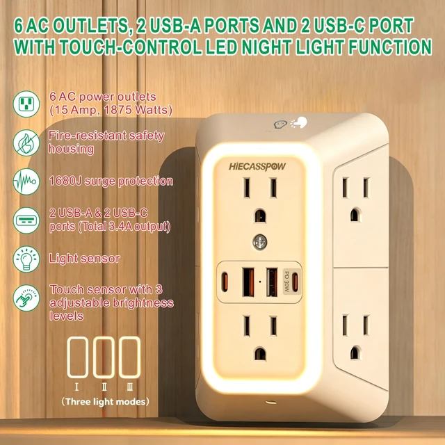 Alt view image 4 of 7 - 2-Pack Power Strip Extension Protector with 6 outlets and 4 USB Ports (2 USB-A, 2 USB-C with one PD 30W Fast Charge), Three-Sided Power Strip, Spaced outlets Design,1pcs Light with 1pcs no Light