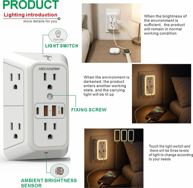 Alt view image 2 of 7 - 2-Pack Power Strip Extension Protector with 6 outlets and 4 USB Ports (2 USB-A, 2 USB-C with one PD 30W Fast Charge), Three-Sided Power Strip, Spaced outlets Design,1pcs Light with 1pcs no Light