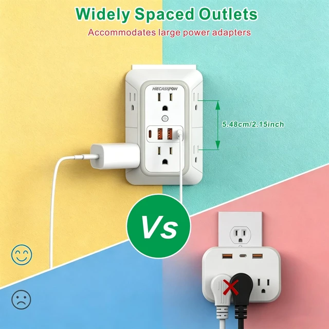 Alt view image 7 of 7 - 2-Pack Power Strip Extension Protector with 6 outlets and 4 USB Ports (2 USB-A, 2 USB-C with one PD 30W Fast Charge), Three-Sided Power Strip, Spaced outlets Design,1pcs Light with 1pcs no Light