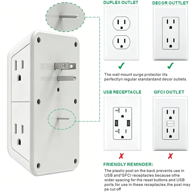 Alt view image 5 of 7 - 2-Pack Power Strip Extension Protector with 6 outlets and 4 USB Ports (2 USB-A, 2 USB-C with one PD 30W Fast Charge), Three-Sided Power Strip, Spaced outlets Design,1pcs Light with 1pcs no Light