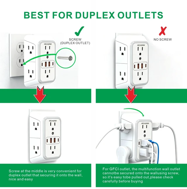Alt view image 6 of 7 - 2-Pack Power Strip Extension Protector with 6 outlets and 4 USB Ports (2 USB-A, 2 USB-C with one PD 30W Fast Charge), Three-Sided Power Strip, Spaced outlets Design,1pcs Light with 1pcs no Light