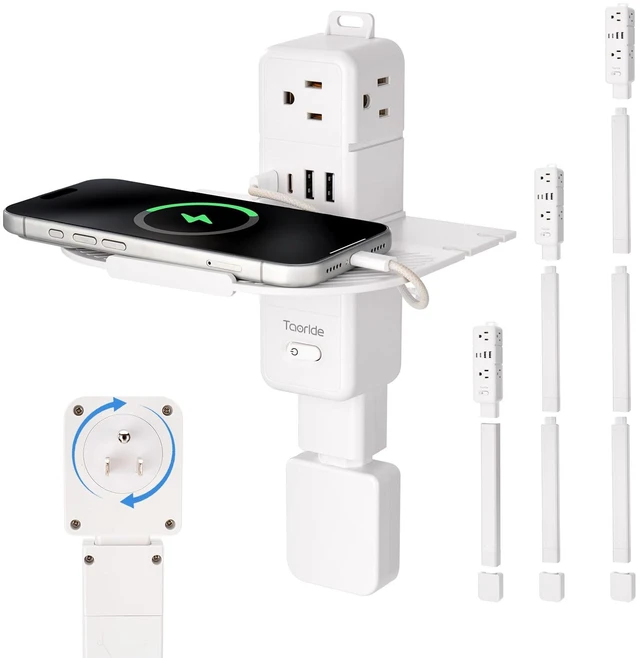 Main image of 10-IN-1 Electrical Outlet Extender Stick, 360° Rotating Plug, Phone Shelf | 6 AC Outlets, 2 USB-C & 2 USB-A; Modular Extendable Stick Reaches 16"-39"; 1400J Surge Protector Power Strip for Sofa & Desk